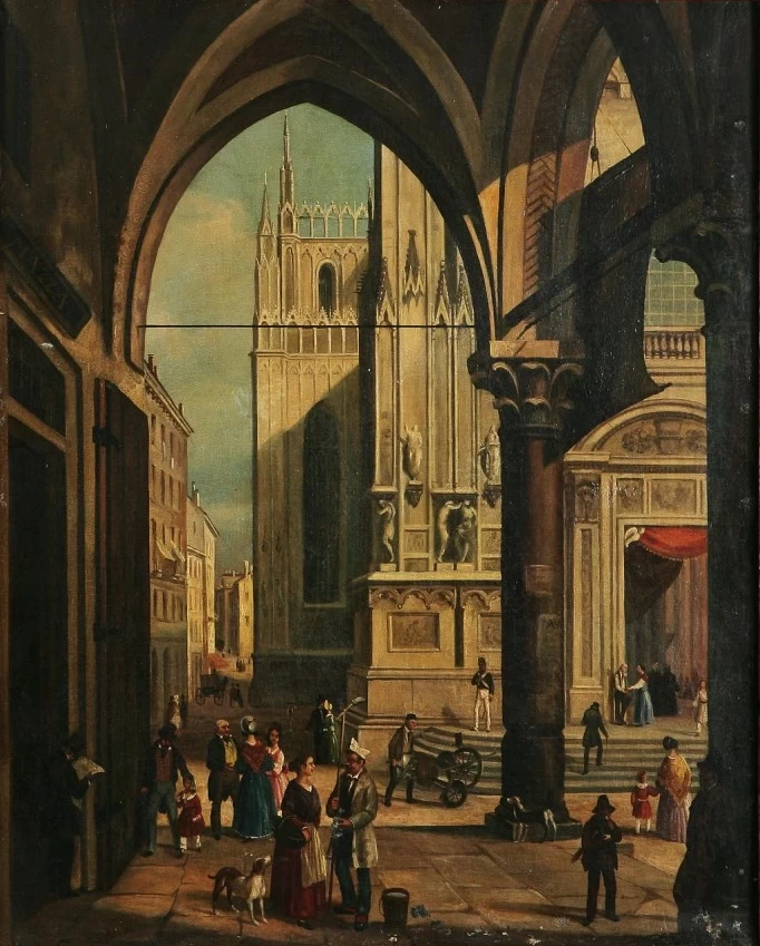 Milano, veduta del Duomo dal portico del Robecchino, con vari personaggi e scenette di genere